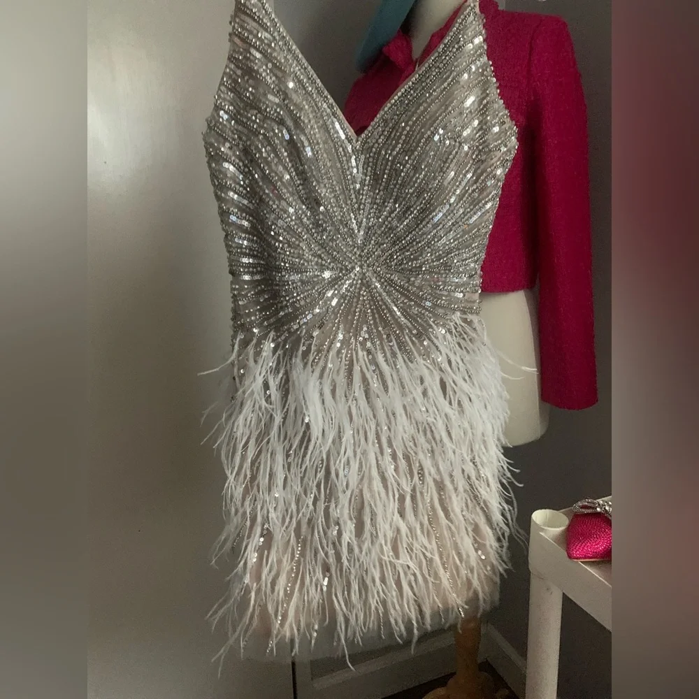 Beige Rhinestone Feather Mini Dress - Picture 3 of 6